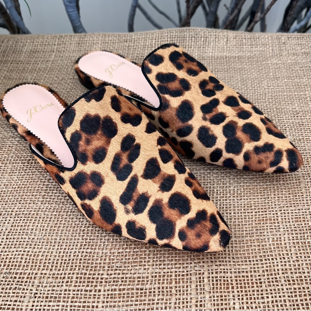 J. Crew Leopard Calf Hair Pointed Toe Flat Slides Size 5.5